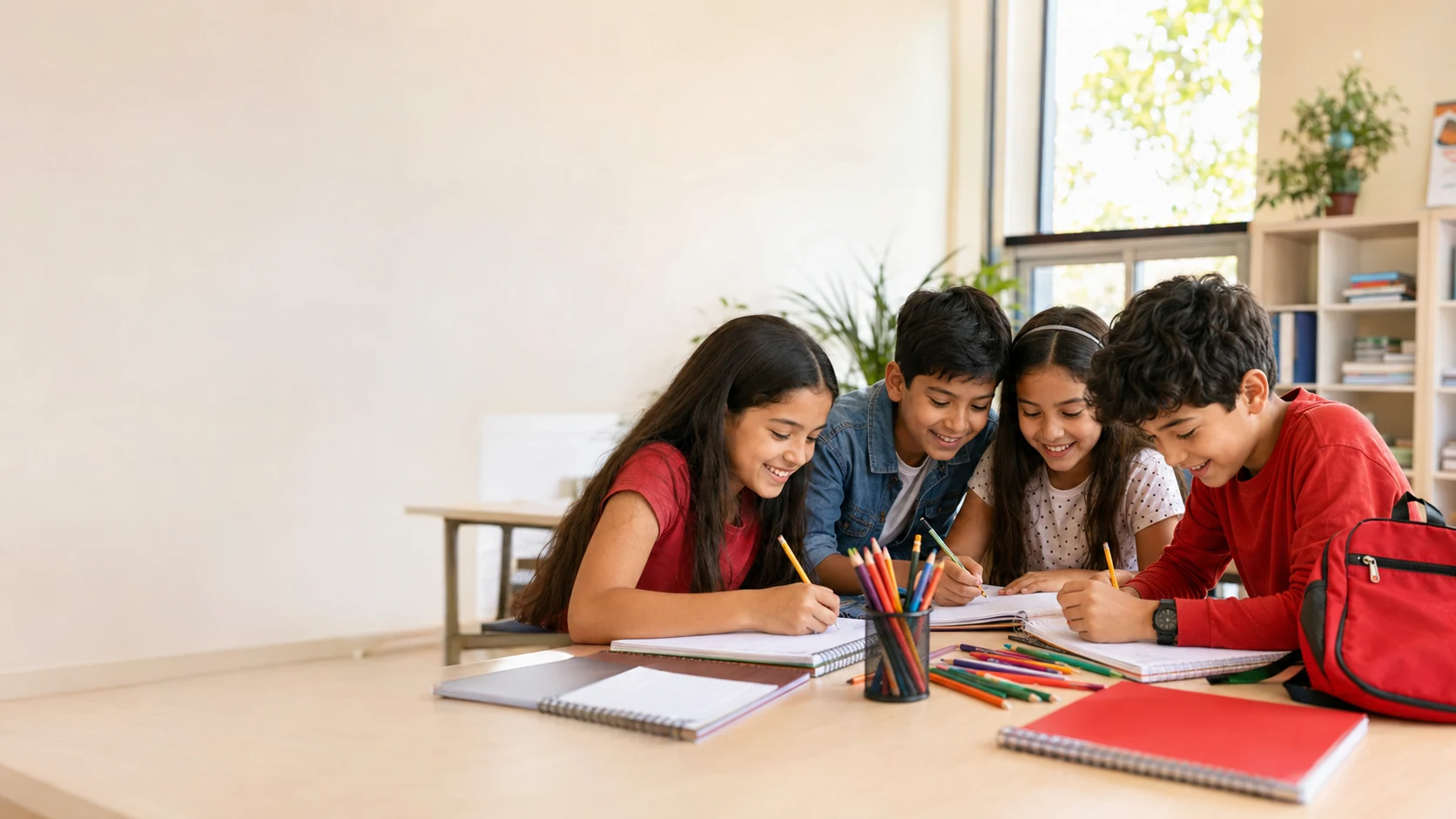 Niños utilizando útiles escolares en un salón de clases